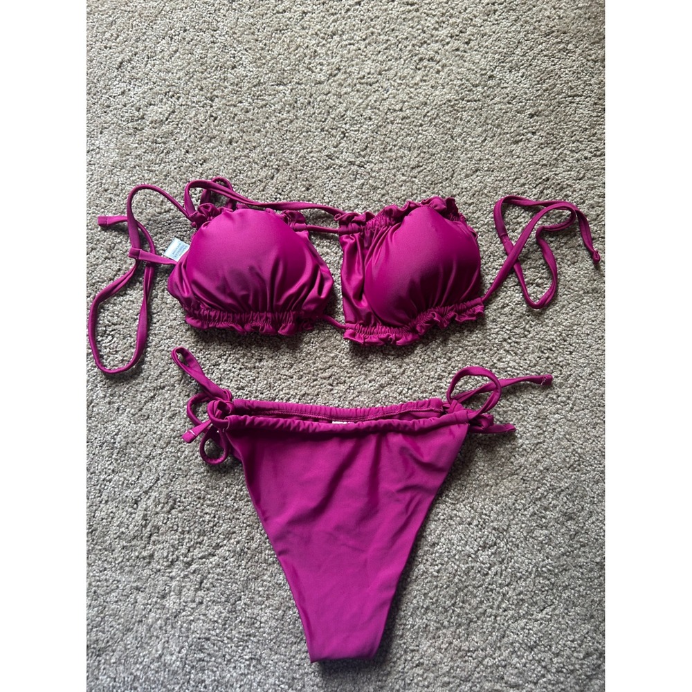 Purple Ruffle Tie String Bikini Set Swimsuit Women's Medium M